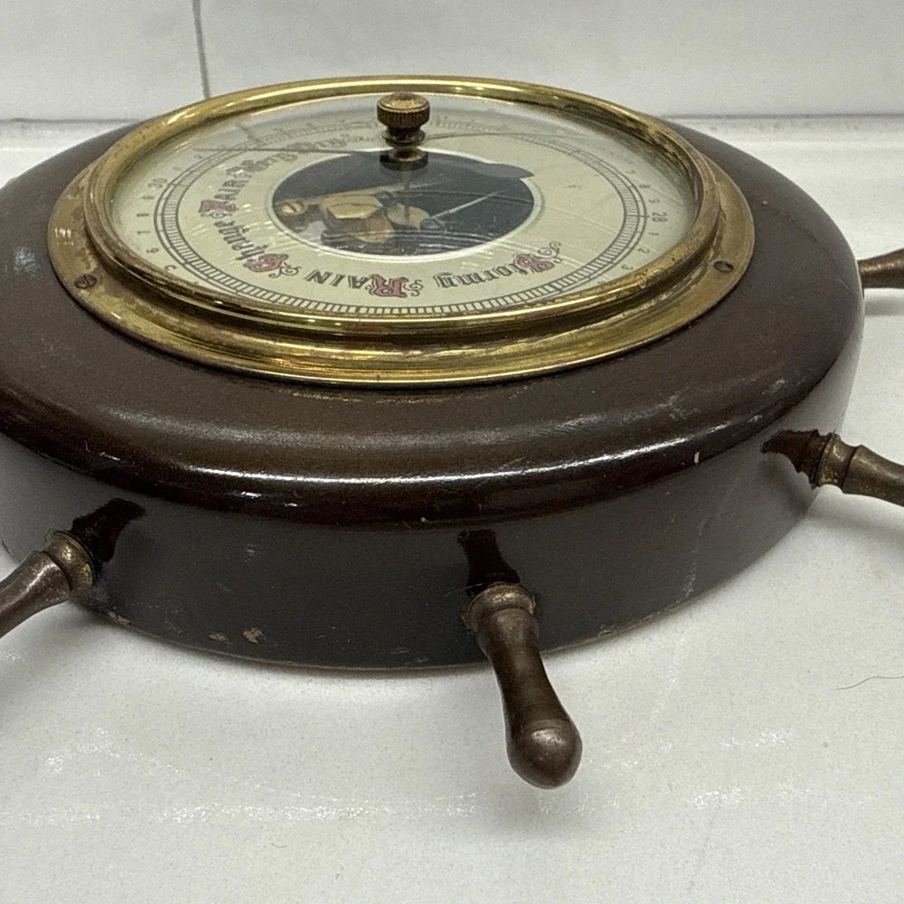 Vintage Aneroid Barometer Ships Wheel Nautical Wood Brass West Germany Tested